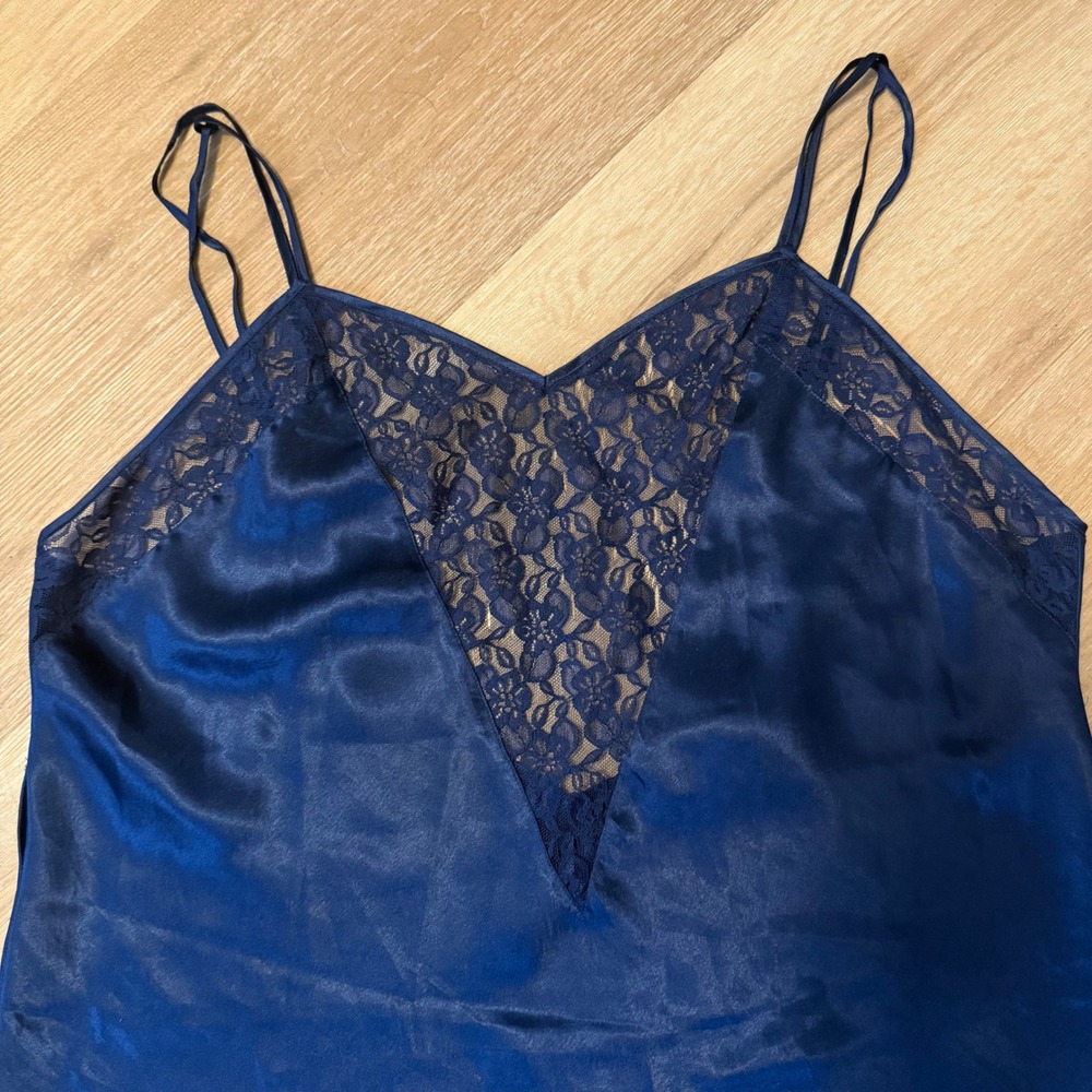 Solange Vintage Navy Blue Satin Lace Chemise Nightgown Size 14/16 Double Strap - Picture 3 of 10